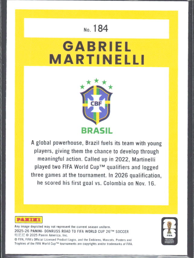 Gabriel Martinelli 2025-26 Donruss Road to FIFA WC #184 – baksida