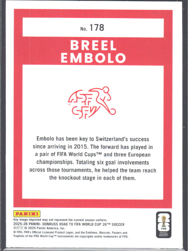 Breel Embolo 2025-26 Donruss Road to FIFA WC Optic #178 – baksida