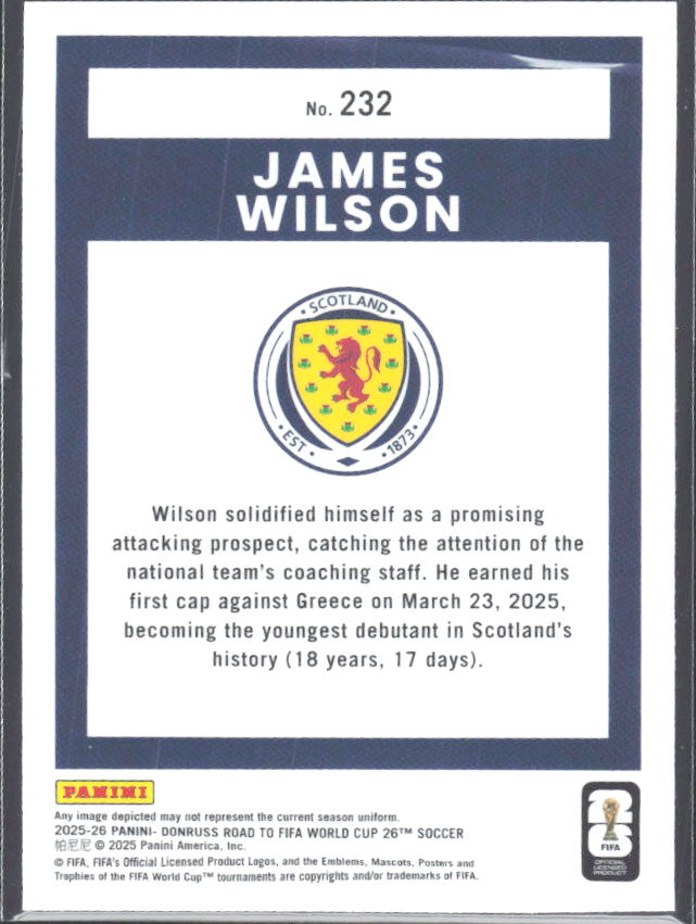 James Wilson 2025-26 Donruss Road to FIFA WC Optic Rated Rookie #232 – baksida