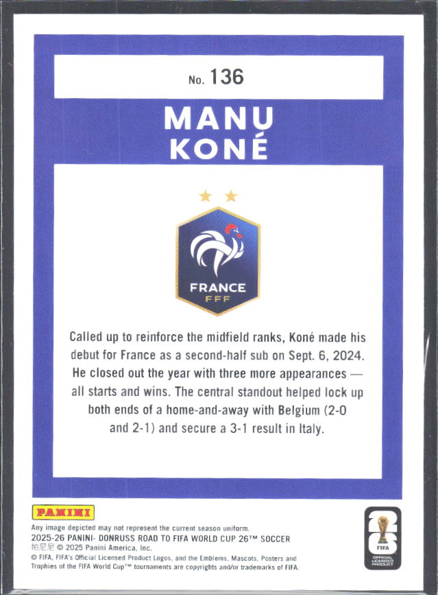 Manu Koné 2025-26 Donruss Road to FIFA WC #136 – baksida