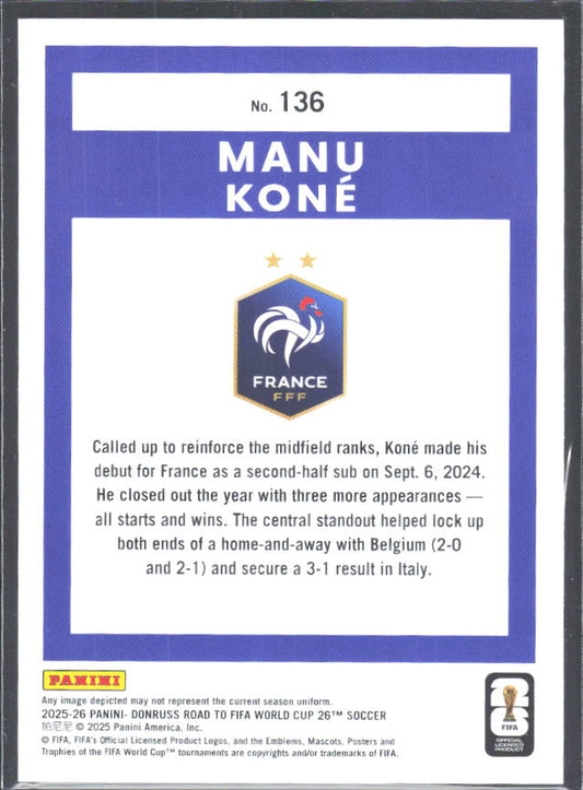 Manu Koné 2025-26 Donruss Road to FIFA WC #136 – baksida