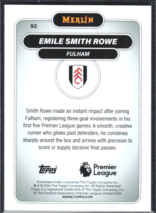 Emile Smith Rowe 2026 Merlin Premier League #92 – baksida