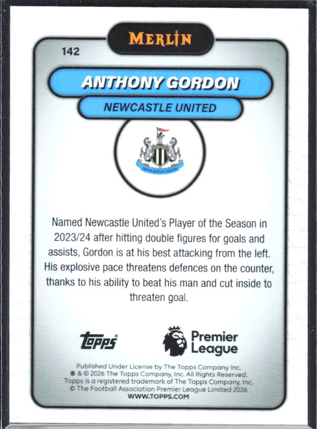 Anthony Gordon 2026 Merlin Premier League #142 – baksida