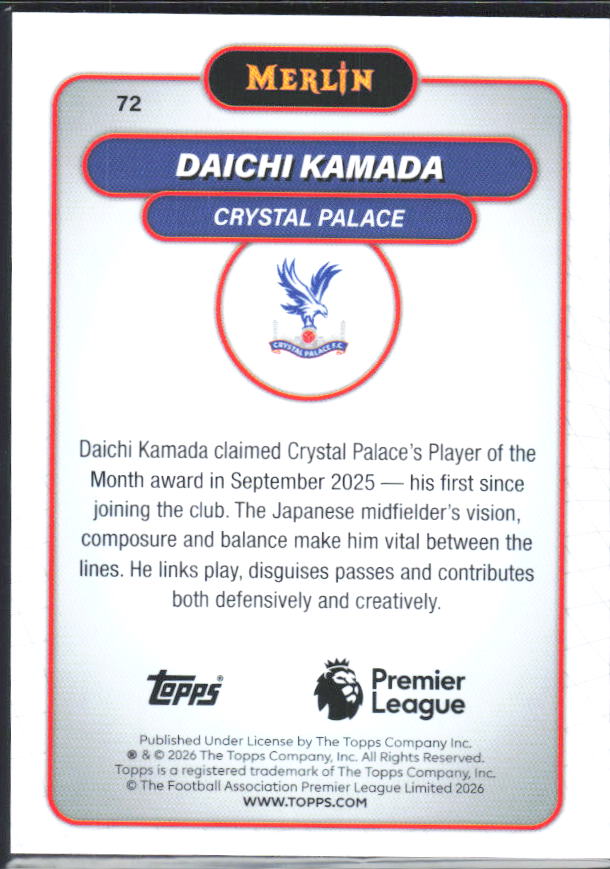 Daichi Kamada 2026 Merlin Premier League #72 – baksida