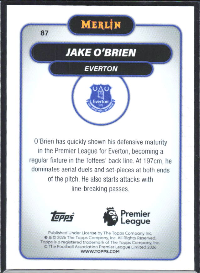 Jake O'Brien 2026 Merlin Premier League #87 – baksida