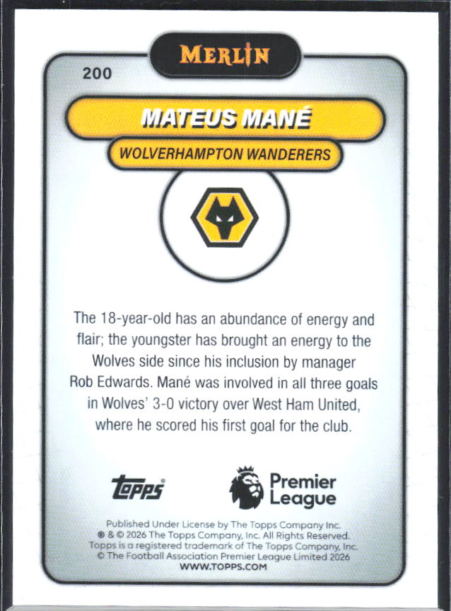 Mateus Mané 2026 Merlin Premier League RC #200 – baksida