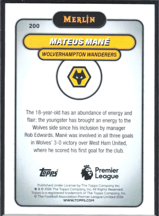 Mateus Mané 2026 Merlin Premier League RC #200 – baksida