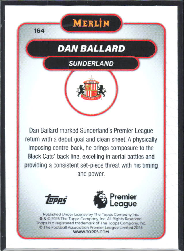 Dan Ballard 2026 Merlin Premier League RC #164 – baksida