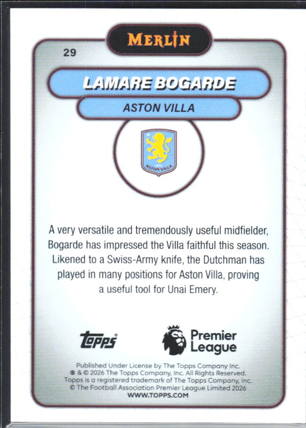 Lamare Bogarde 2026 Merlin Premier League #29 – baksida