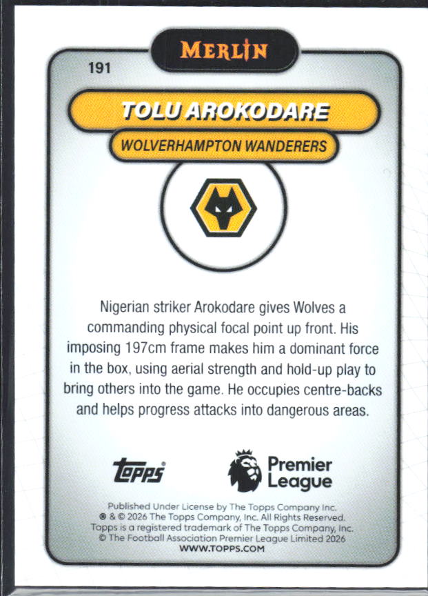 Tolu Arokodare 2026 Merlin Premier League RC #191 – baksida