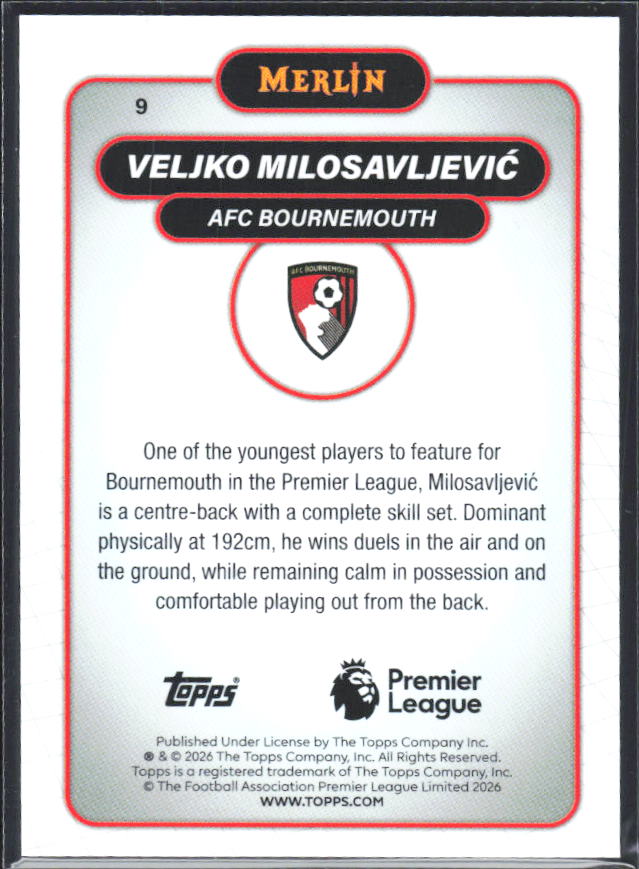 Veljko Milosavljević 2026 Merlin Premier League RC #9 – baksida