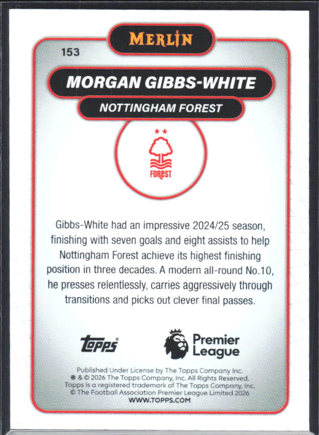 Morgan Gibbs-White 2026 Merlin Premier League #153 – baksida