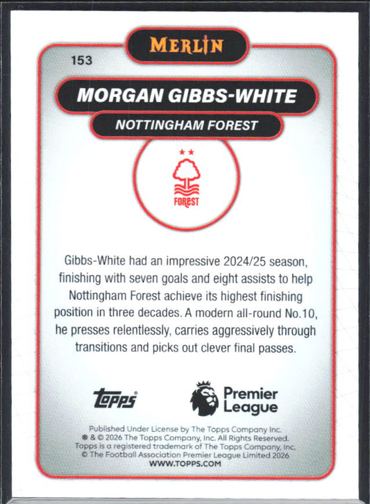 Morgan Gibbs-White 2026 Merlin Premier League #153 – baksida