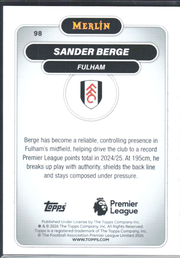 Sander Berge 2026 Merlin Premier League #98 – baksida
