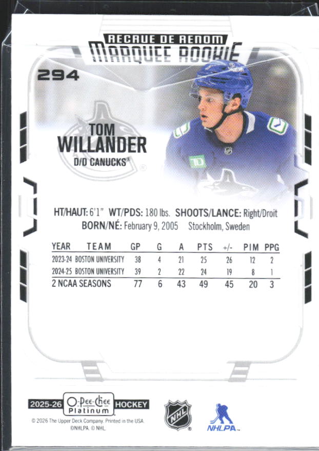 Tom Willander 2025-26 O-Pee-Chee Platinum Marquee Rookie #294 – baksida