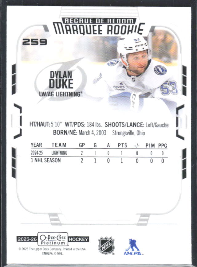 Dylan Duke 2025-26 O-Pee-Chee Platinum Marquee Rookie #259 – baksida