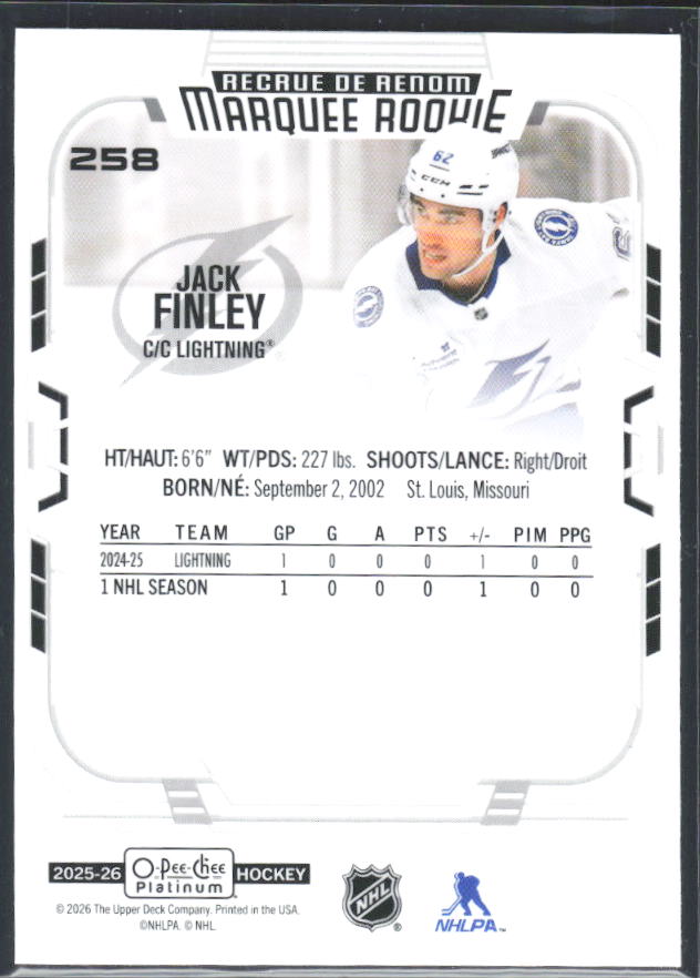 Jack Finley 2025-26 O-Pee-Chee Platinum Marquee Rookie #258 – baksida
