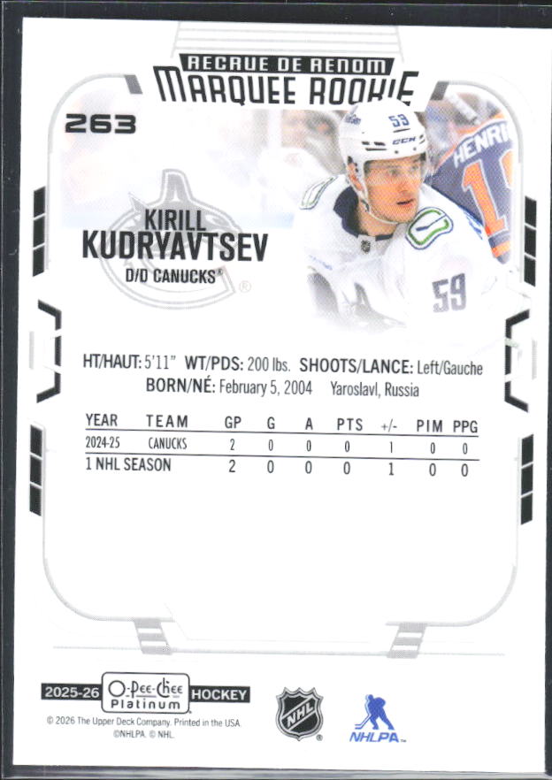 Kirill Kudryavtsev 2025-26 O-Pee-Chee Platinum Marquee Rookie #263 – baksida
