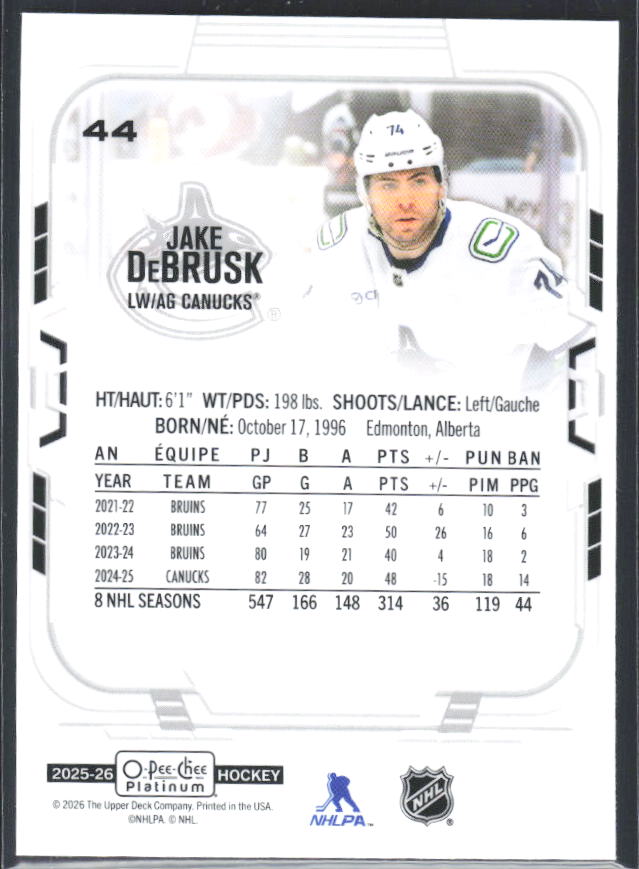 Jake DeBrusk 2025-26 O-Pee-Chee Platinum #44 – baksida