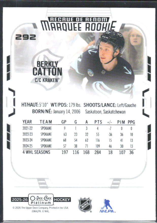 Berkly Catton 2025-26 O-Pee-Chee Platinum Marquee Rookie #292 – baksida