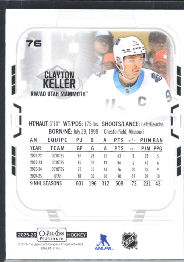 Clayton Keller 2025-26 O-Pee-Chee Platinum #76 – baksida