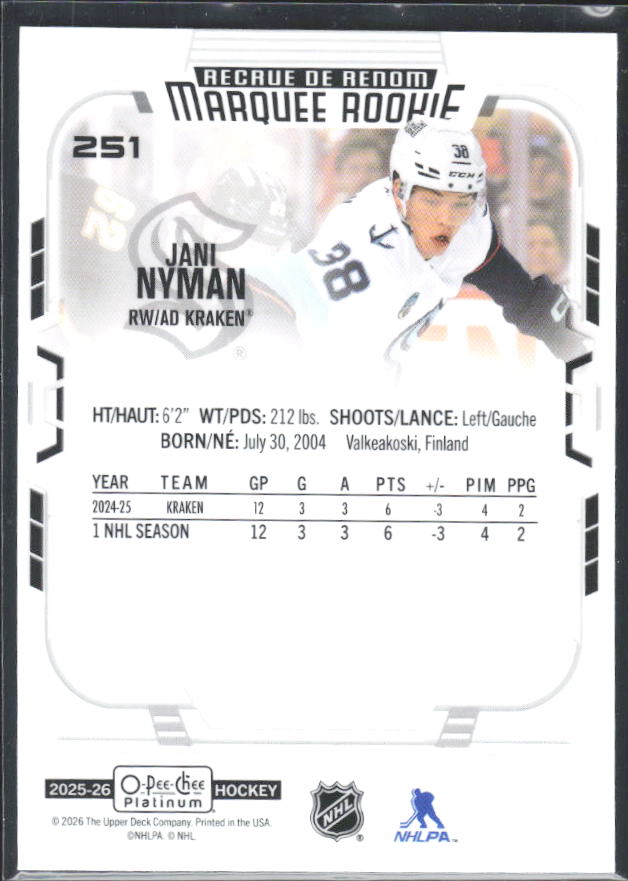 Jani Nyman 2025-26 O-Pee-Chee Platinum Marquee Rookie #251 – baksida
