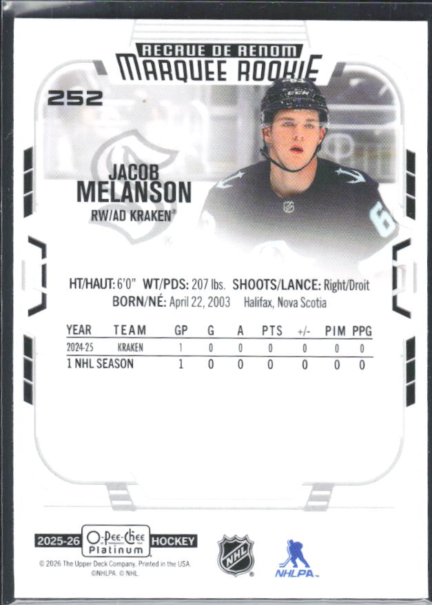 Jacob Melanson 2025-26 O-Pee-Chee Platinum Marquee Rookie #252 – baksida