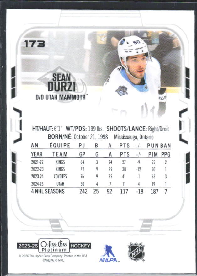 Sean Durzi 2025-26 O-Pee-Chee Platinum #173 – baksida