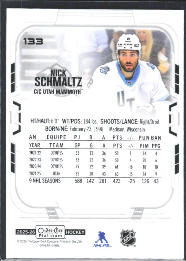 Nick Schmaltz 2025-26 O-Pee-Chee Platinum #133 – baksida