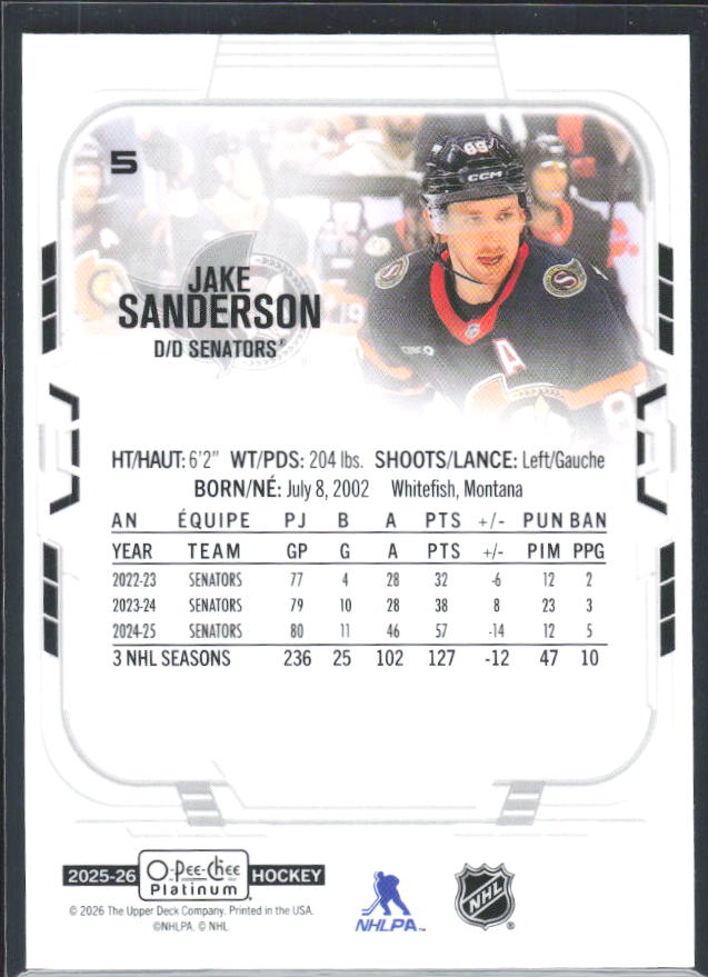 Jake Sanderson 2025-26 O-Pee-Chee Platinum #5 – baksida
