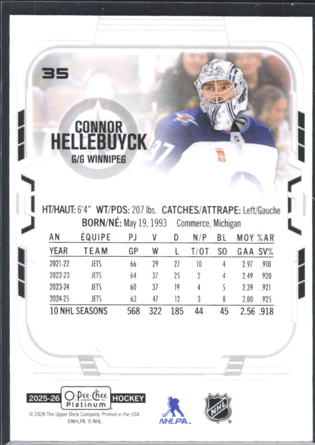Connor Hellebuyck 2025-26 O-Pee-Chee Platinum #35 – baksida