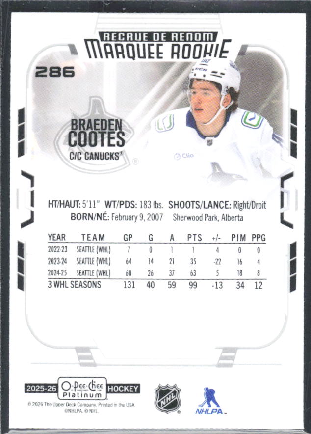 Braeden Cootes 2025-26 O-Pee-Chee Platinum Marquee Rookie #286 – baksida