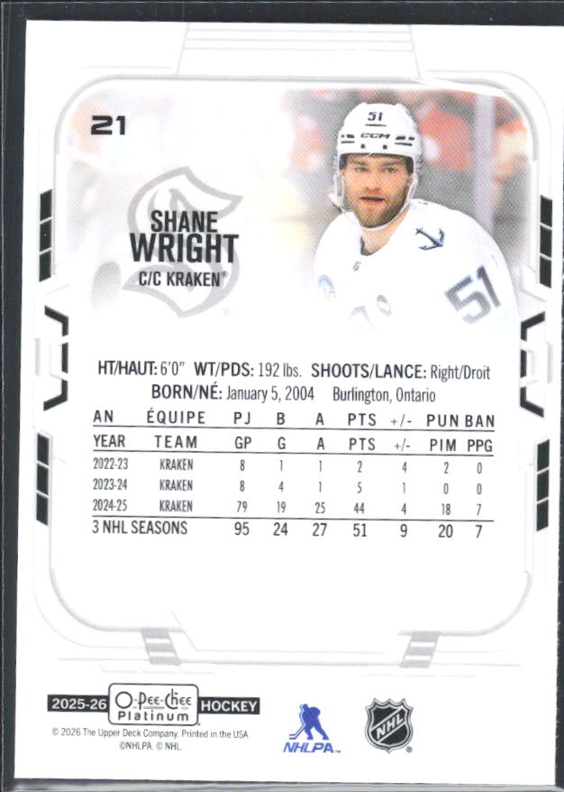 Shane Wright 2025-26 O-Pee-Chee Platinum #21 – baksida