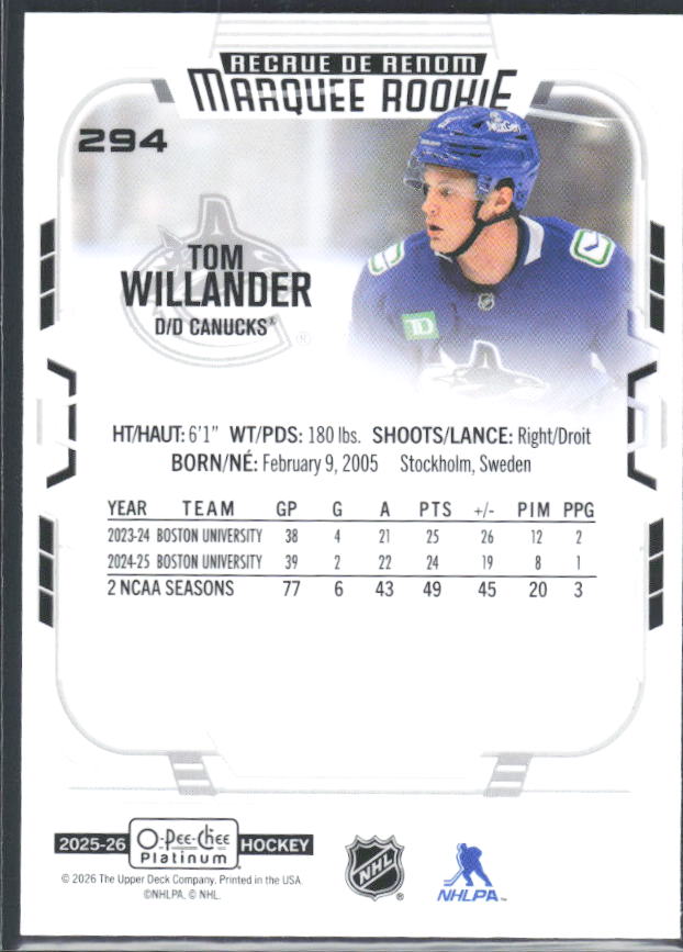 Tom Willander 2025-26 O-Pee-Chee Platinum Marquee Rookie #294 – baksida