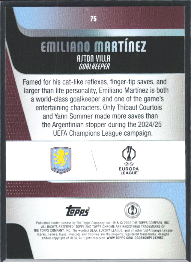 Emiliano Martínez 2025-26 Chrome UEFA #75 – baksida