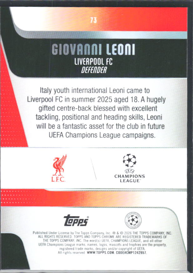 Giovanni Leoni 2025-26 Chrome UEFA RC #73 – baksida