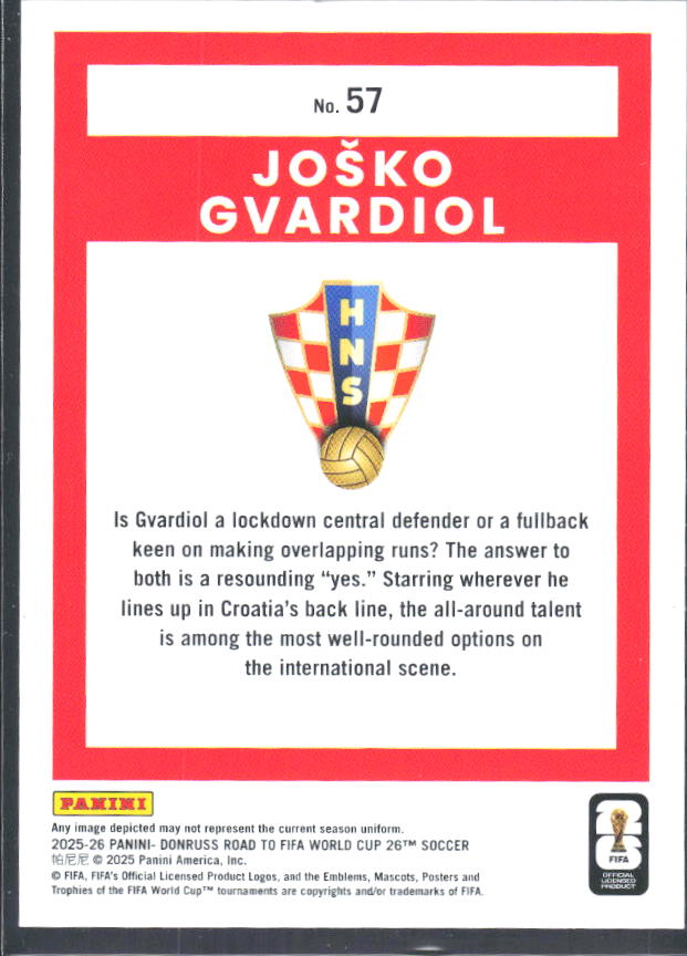 Joško Gvardiol 2025-26 Donruss Road to FIFA WC #57 – baksida