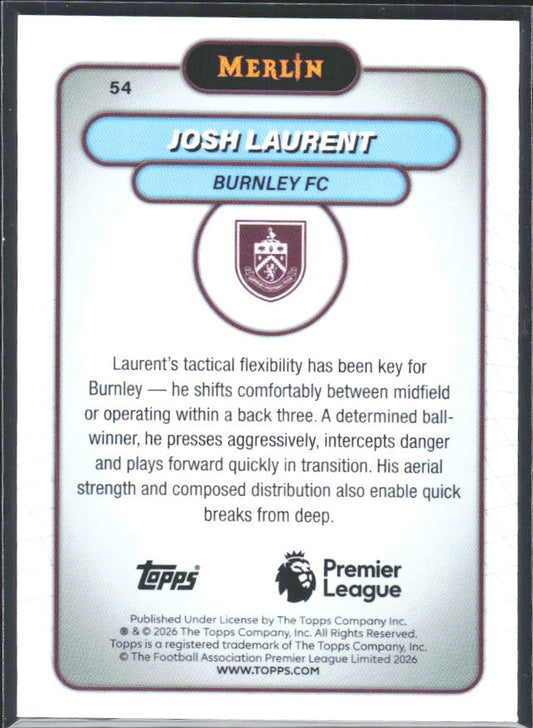 Josh Laurent 2026 Merlin Premier League RC #54 – baksida