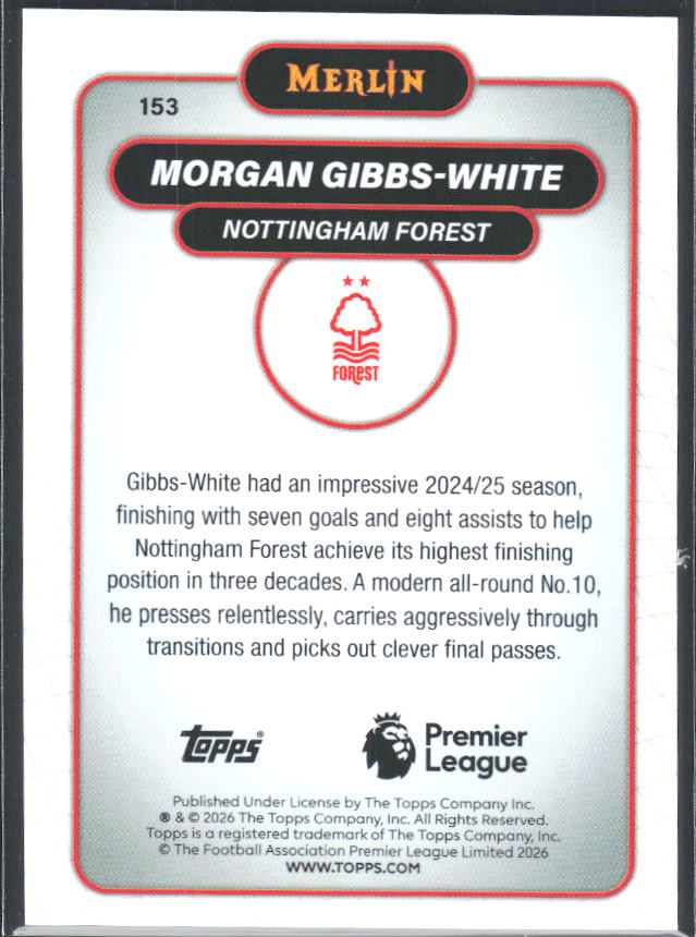 Morgan Gibbs-White 2026 Merlin Premier League #153 – baksida