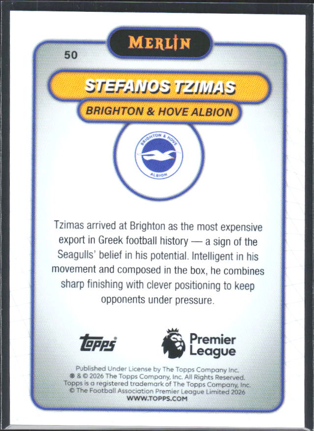 Stefanos Tzimas 2026 Merlin Premier League RC #50 – baksida