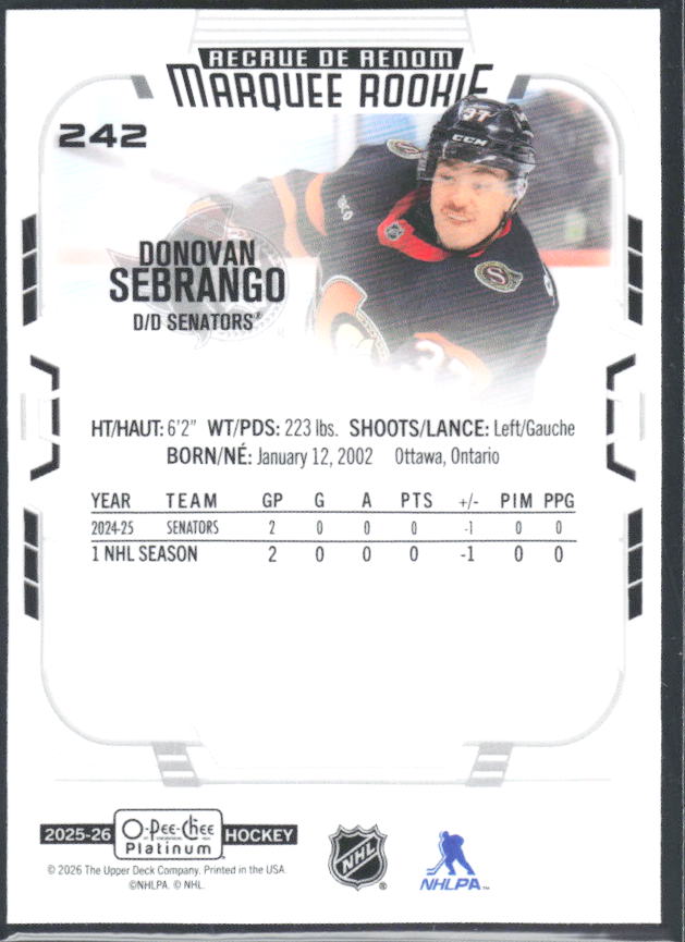Donovan Sebrango 2025-26 O-Pee-Chee Platinum Marquee Rookie #242 – baksida