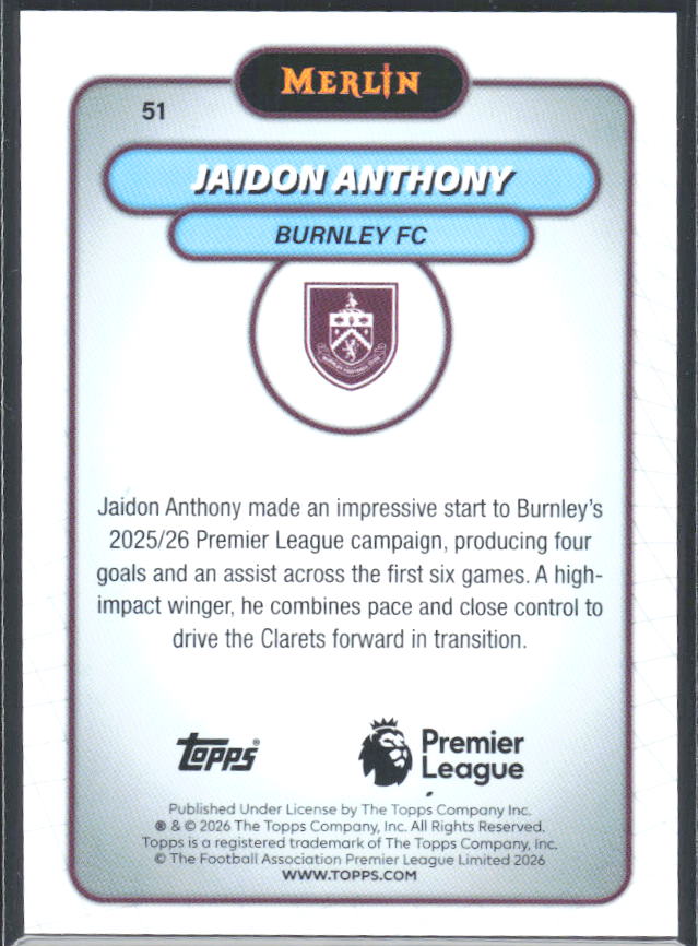 Jaidon Anthony 2026 Merlin Premier League #51 – baksida
