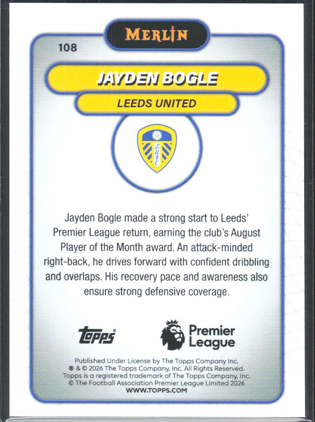 Jayden Bogle 2026 Merlin Premier League #108 – baksida