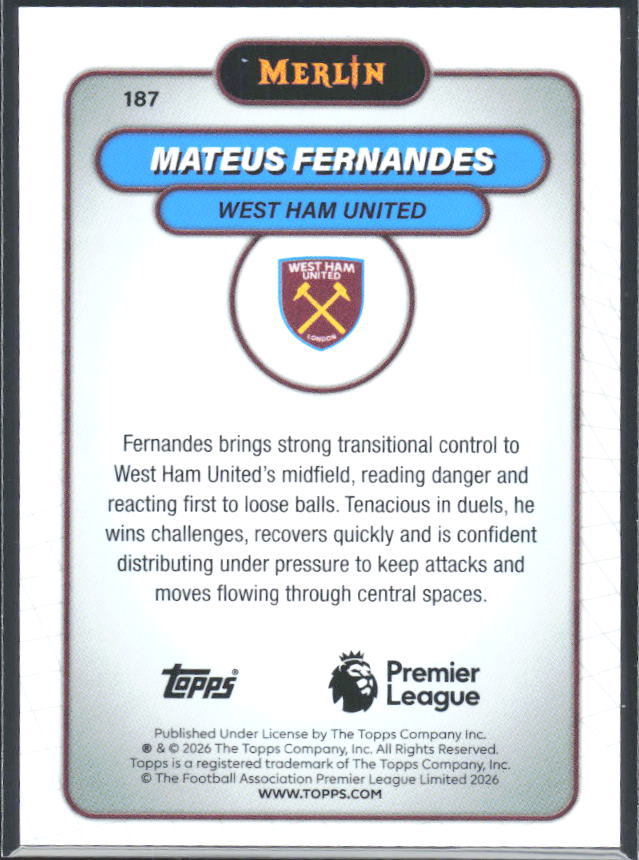 Mateus Fernandes 2026 Merlin Premier League #187 – baksida