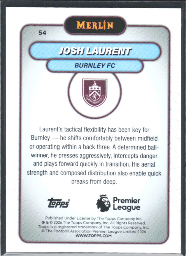 Josh Laurent 2026 Merlin Premier League RC #54 – baksida