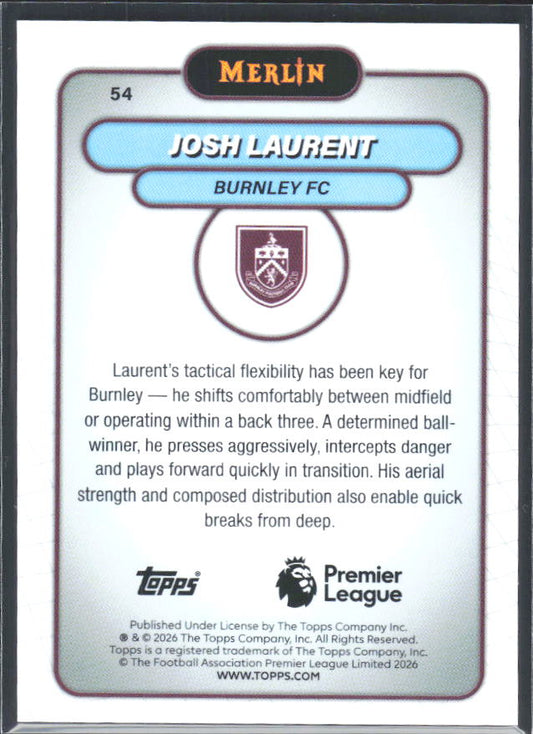 Josh Laurent 2026 Merlin Premier League RC #54 – baksida