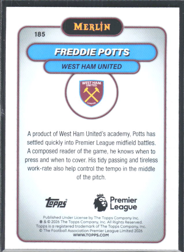 Freddie Potts 2026 Merlin Premier League RC #185 – baksida