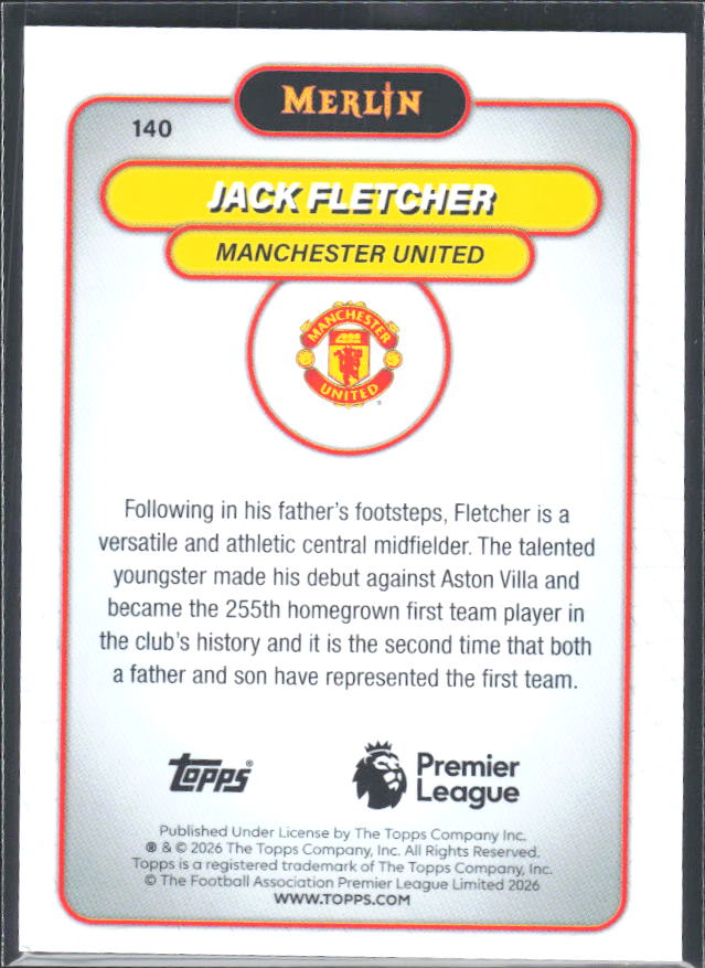 Jack Fletcher 2026 Merlin Premier League RC #140 – baksida