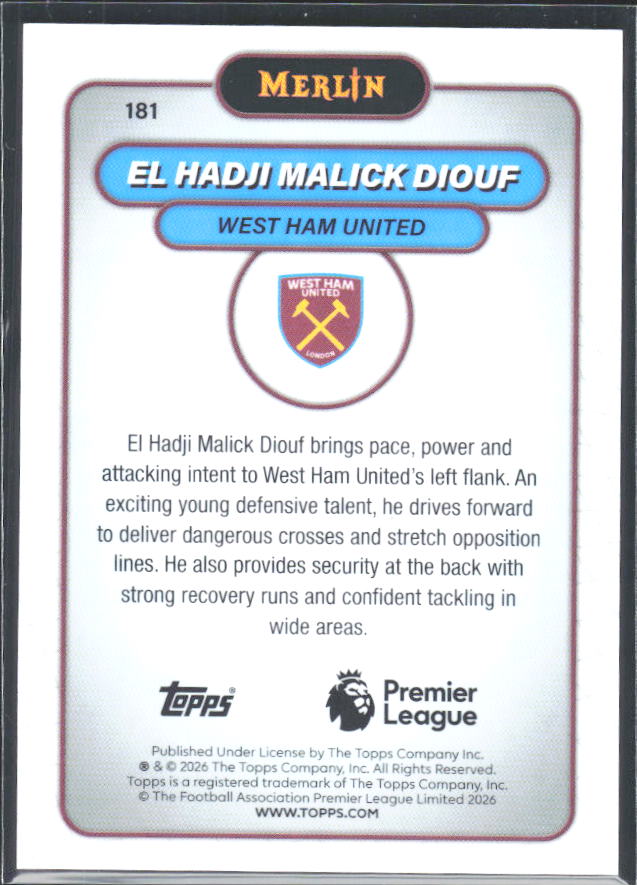 El Hadji Malick Diouf 2026 Merlin Premier League RC #181 – baksida