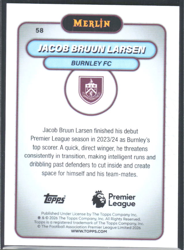 Jacob Bruun Larsen 2026 Merlin Premier League #58 – baksida